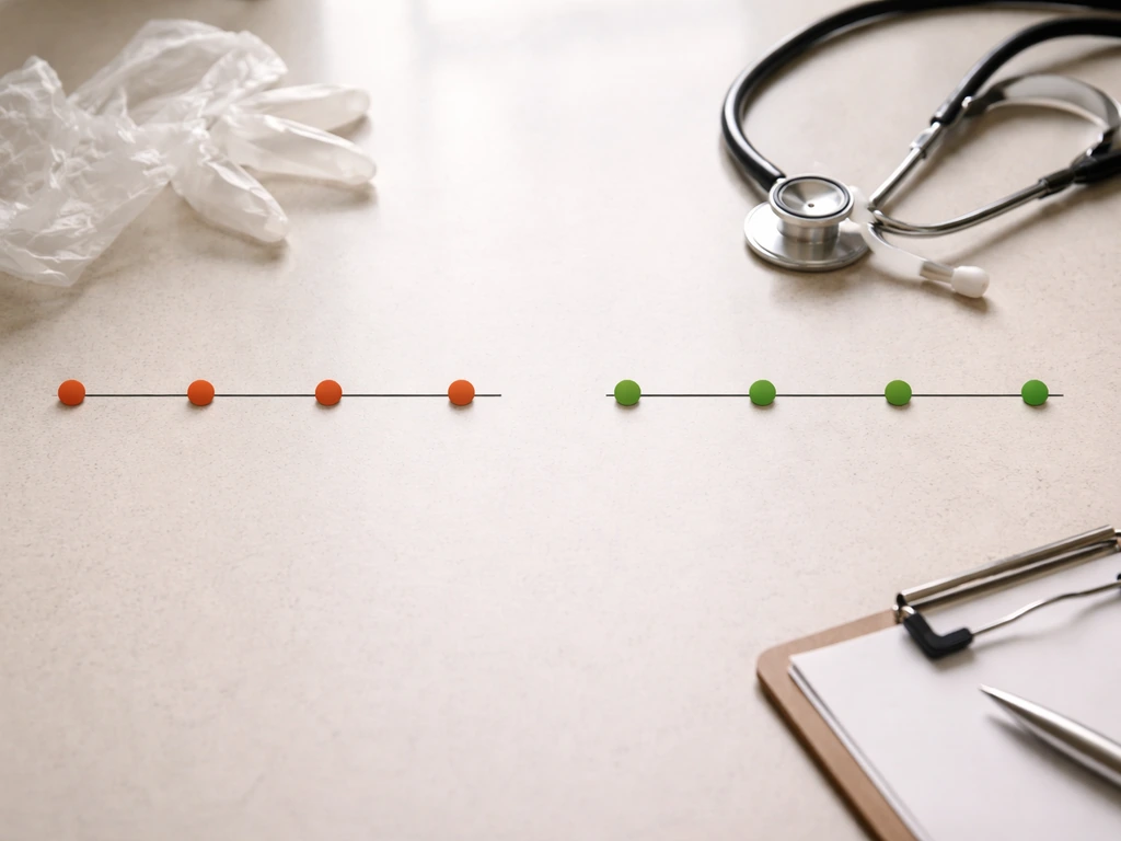 Minimal side-by-side timeline visuals with colored milestones on a tabletop, medical context props, no text.