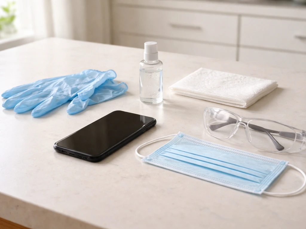 Health care action checklist scene with gloves, hand sanitizer, and a phone for reporting after poultry exposure