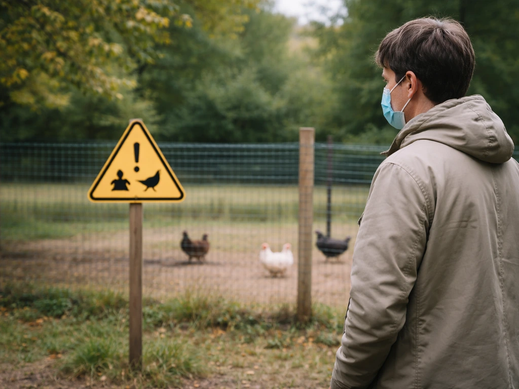 Masked adult standing safely near a poultry/wildlife caution sign with birds in the background
