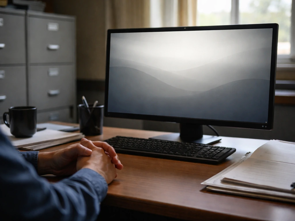 Minimal office scene with a muted dashboard-like display showing no unusual bird flu activity