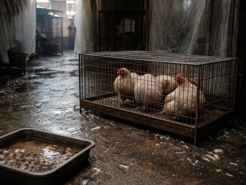 Wet live poultry market stall with birds and damp surfaces suggesting contaminated exposure risk