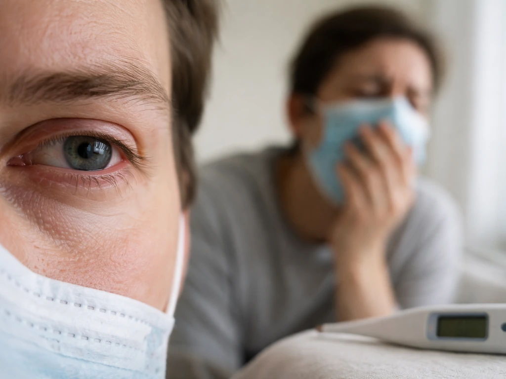 Close-up of a red irritated eye and a masked person showing respiratory strain in a quiet clinical room.