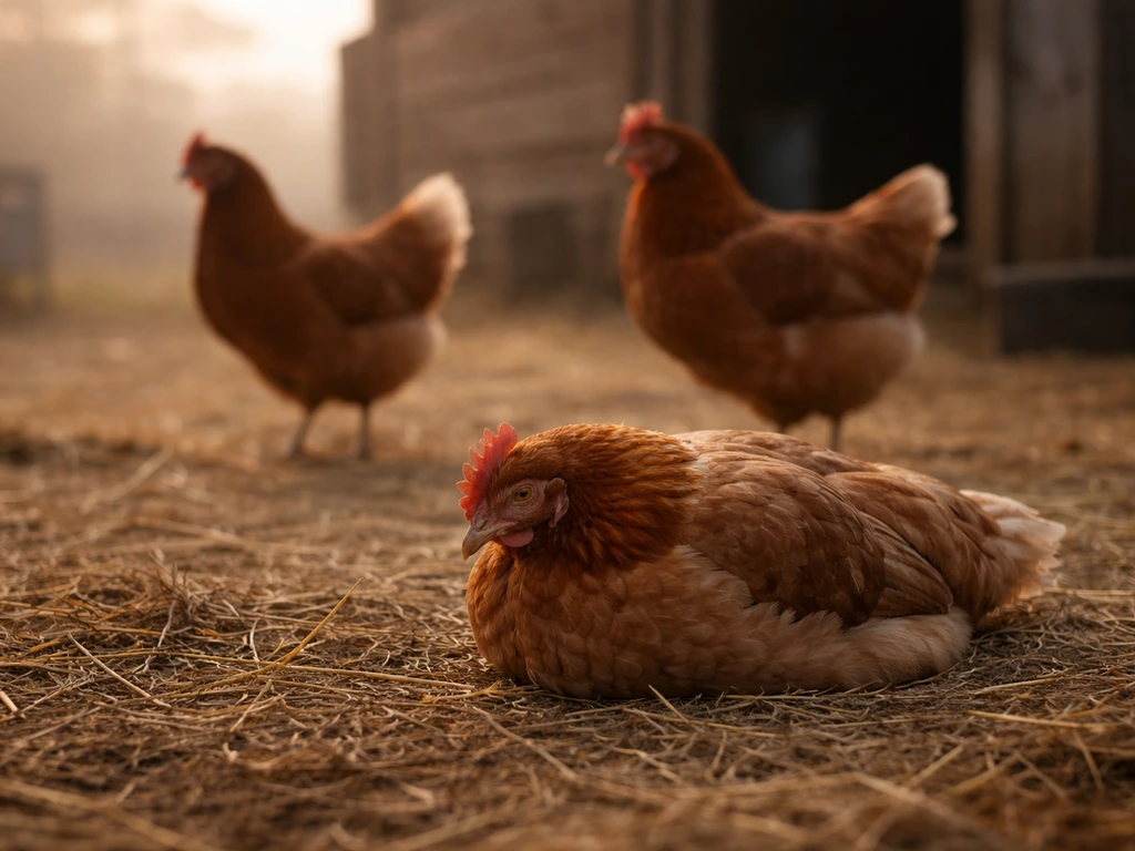 A less-alert chicken sits in straw at dawn while other chickens stand in the background.