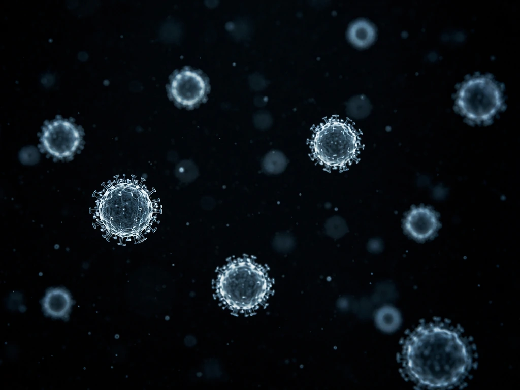 Dark-field microscopy view of translucent viral particles drifting in a near-black background.