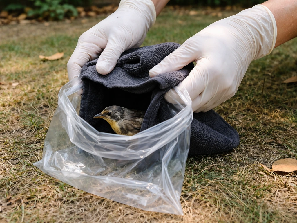 Gloved hands placing a lifeless wild bird into a plastic bag using safe biosecurity steps