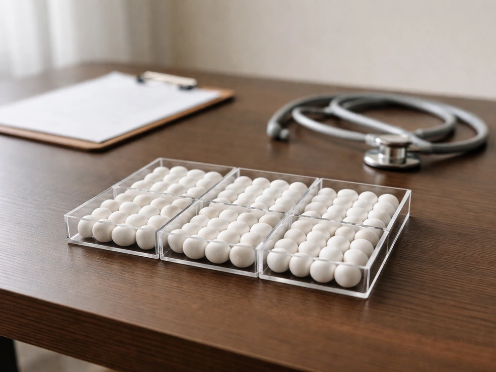Minimal desk scene with a glass tray holding 71 white stones separated into simple segments.