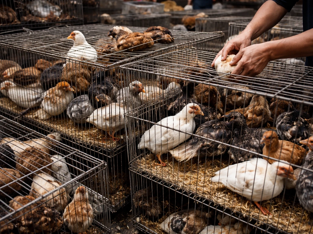 Close-up of mixed poultry in adjacent wire cages at a live bird market with shared handling surfaces.
