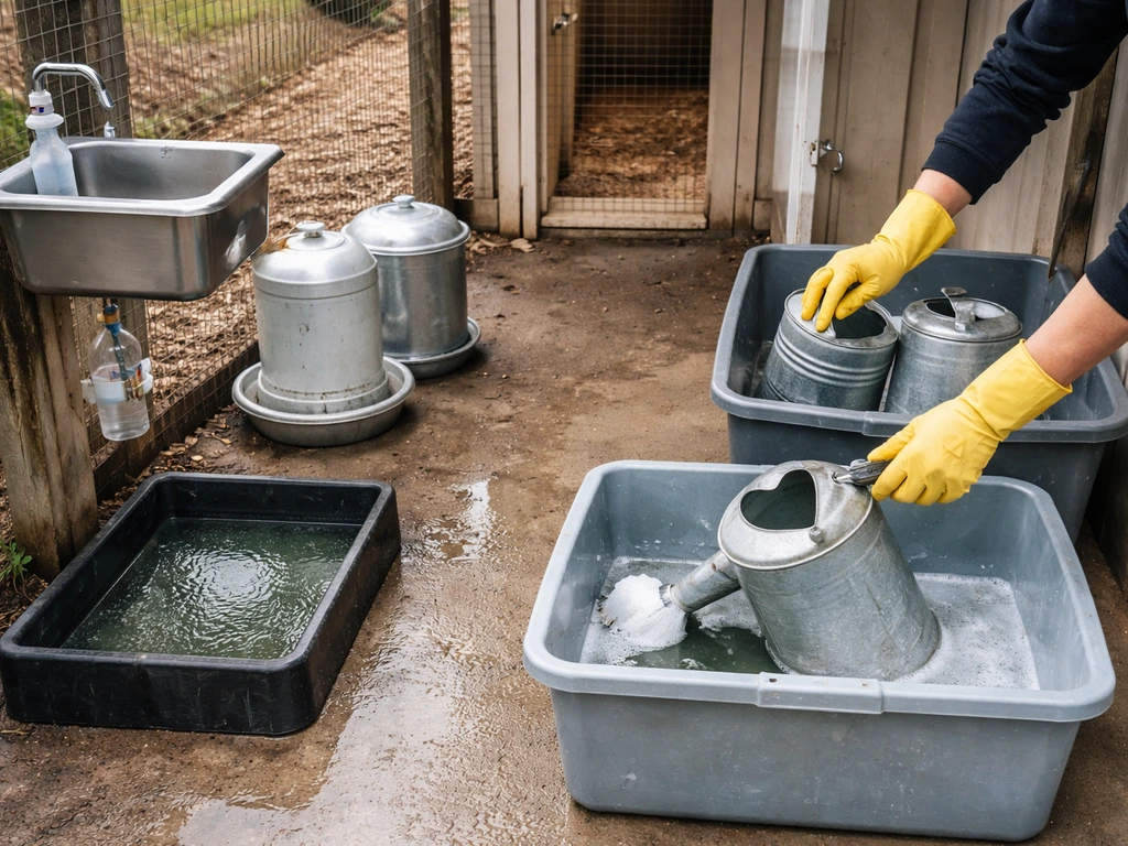 Hands disinfecting a watering can beside a foot bath, hand-wash station, and covered feed and water containers.