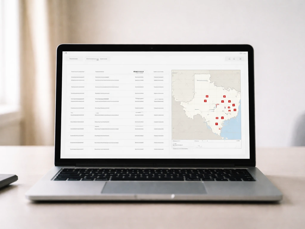 Close-up of a laptop screen showing an emergency page with a map-style table for bird flu reports in Texas