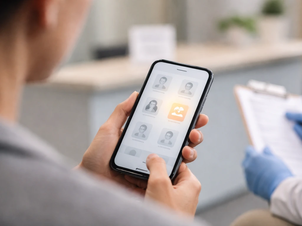 Anonymous adult in a clinic checking a blurred phone guidance screen while a clinician triage checklist is nearby.
