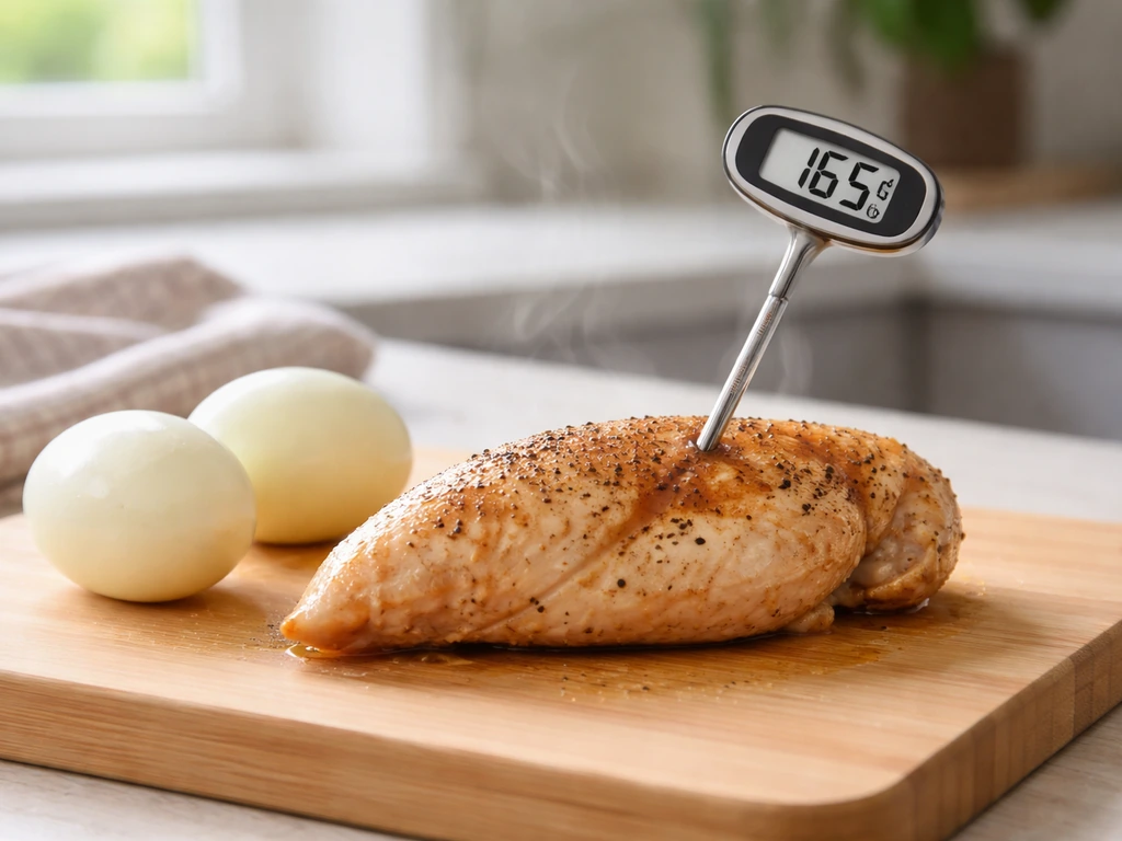 Cooked chicken and eggs on a cutting board with a meat thermometer showing 165°F.