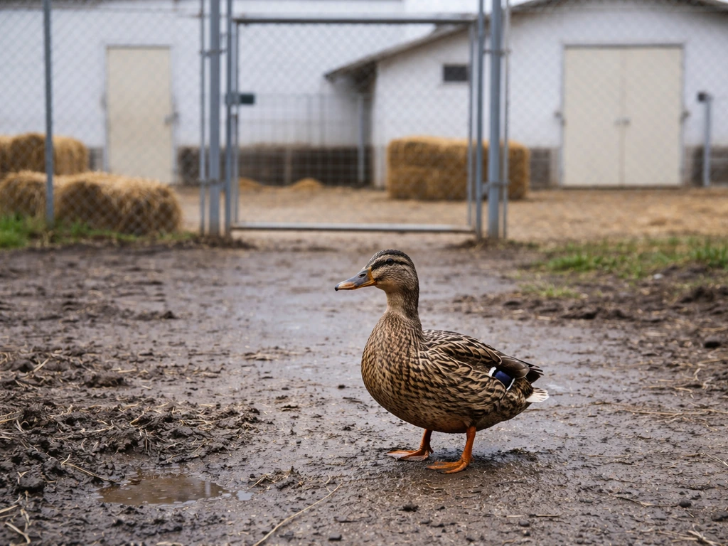 A wild duck stands near a fenced poultry biosecurity area, suggesting bird flu risk varies by species.