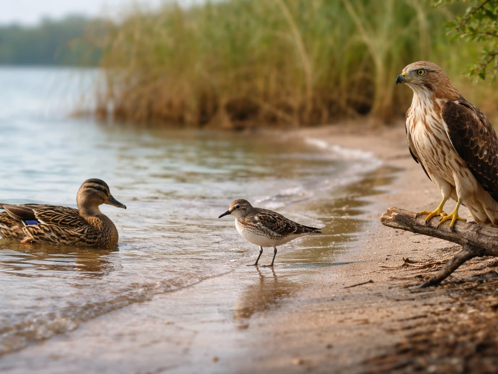 Three different wild bird types—duck, shorebird, and raptor—in simple shoreline light.