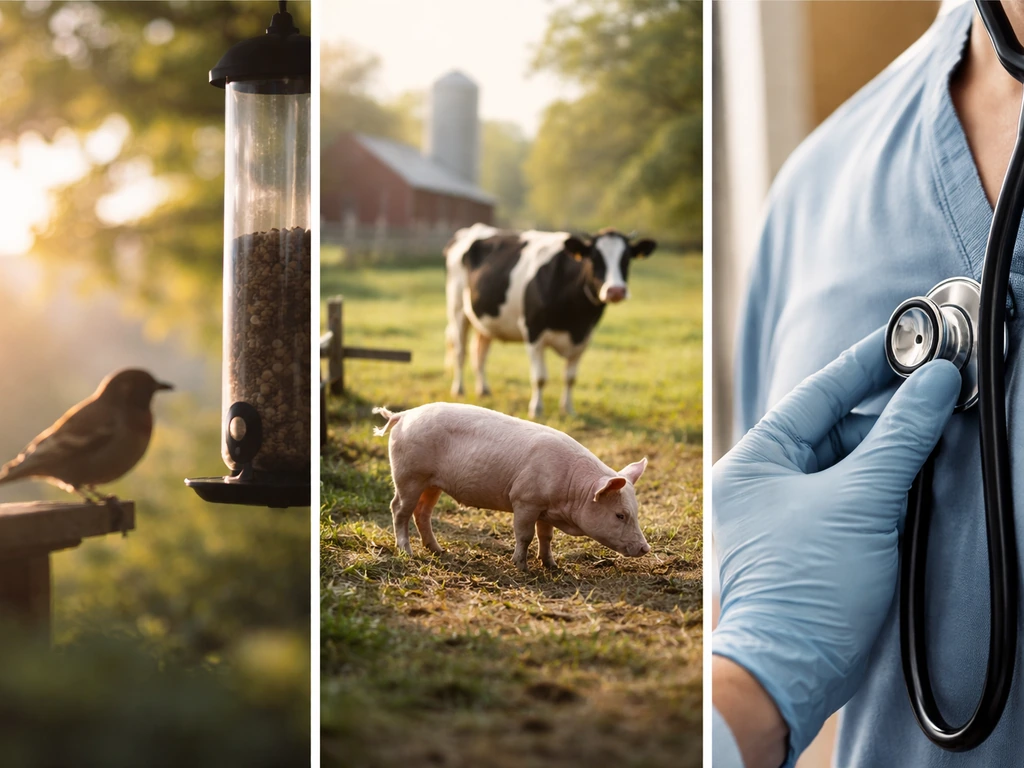 Three-panel photo composite showing bird, livestock, and a gloved medical hand to suggest host range.