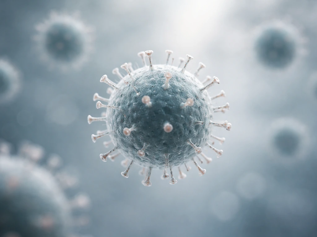 Macro photo of an influenza-like virus particle with blurred background, minimal and realistic.