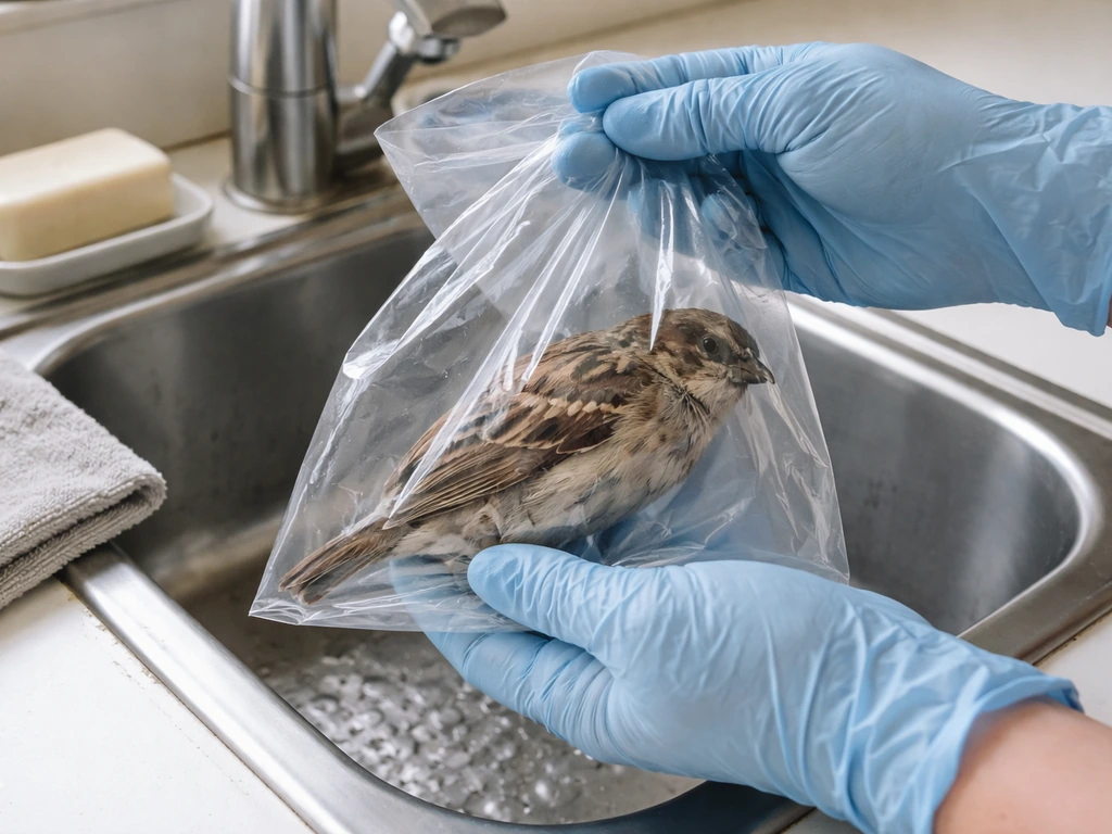 Gloved hands placing a dead bird into a plastic bag beside a sink with soap and running water