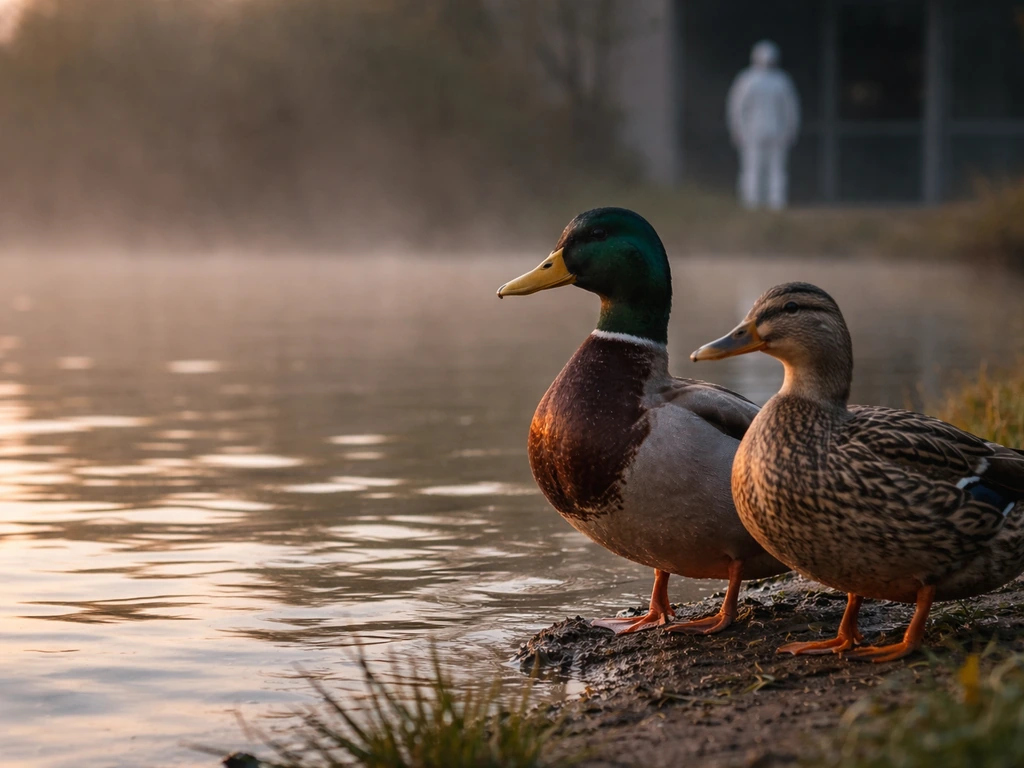 Close-up of wild ducks by calm water with a subtle distant health-preparedness vibe in the background.