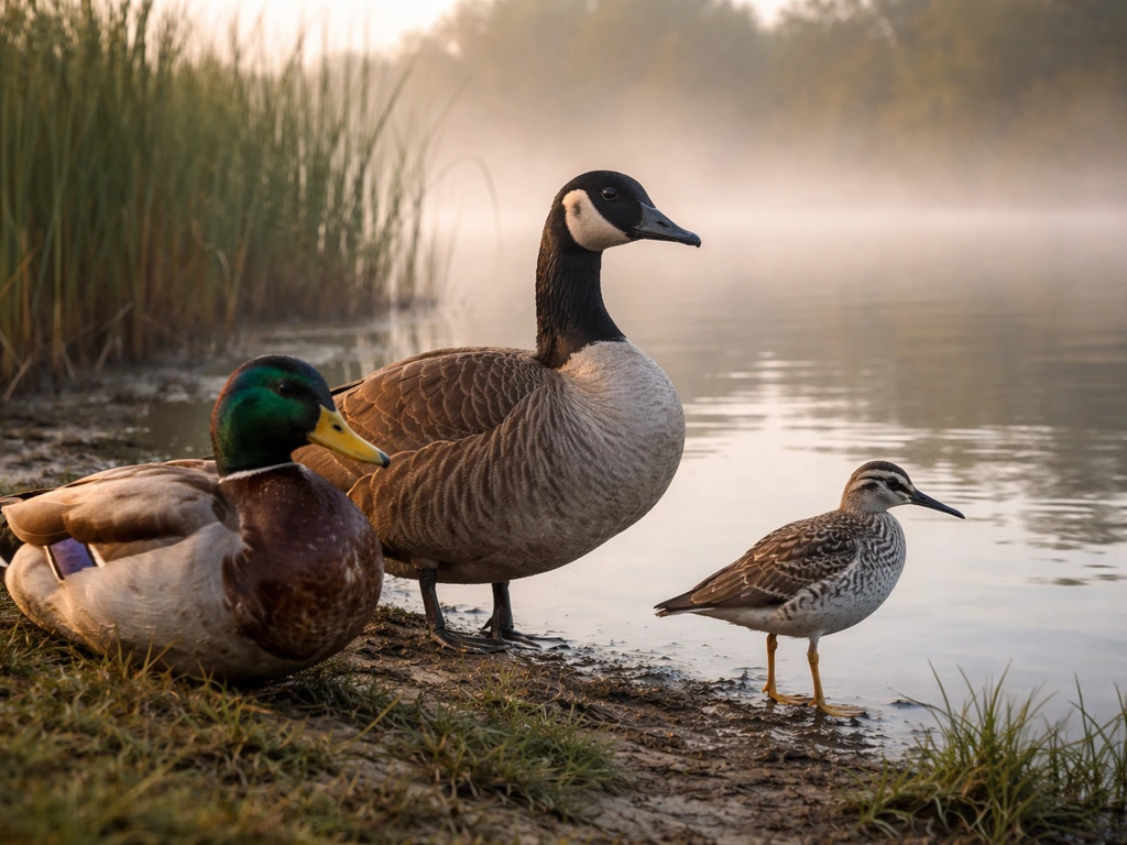 Ducks and a goose resting on a calm pond, looking healthy, with subtle mist suggesting natural viral reservoirs.