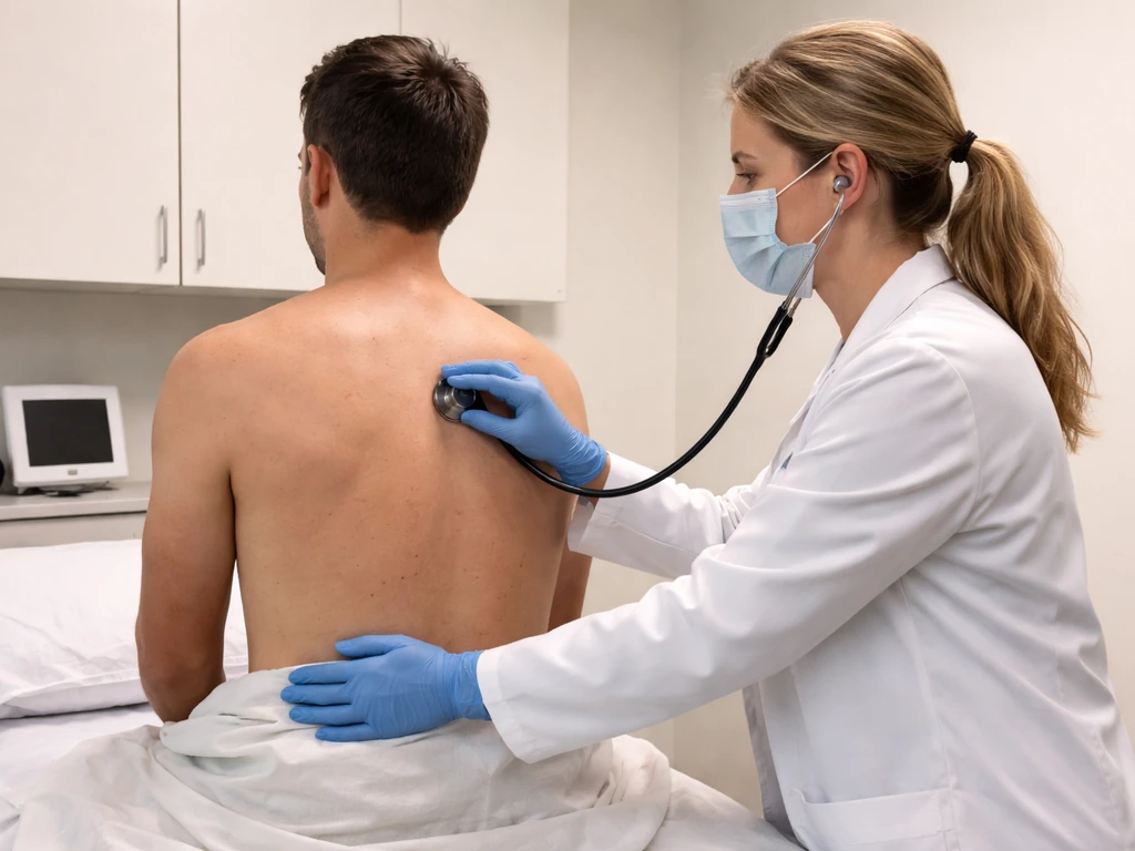 Clinician wearing mask listens with stethoscope to an anonymous patient in an exam room.