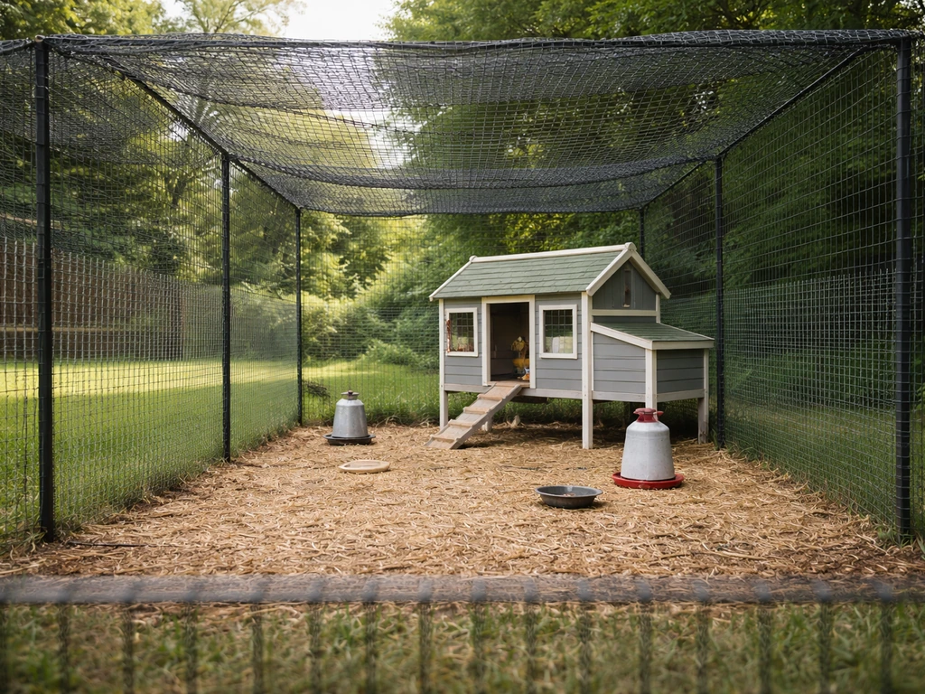 Backyard poultry enclosure with netting keeping wild birds out, seen in calm daylight