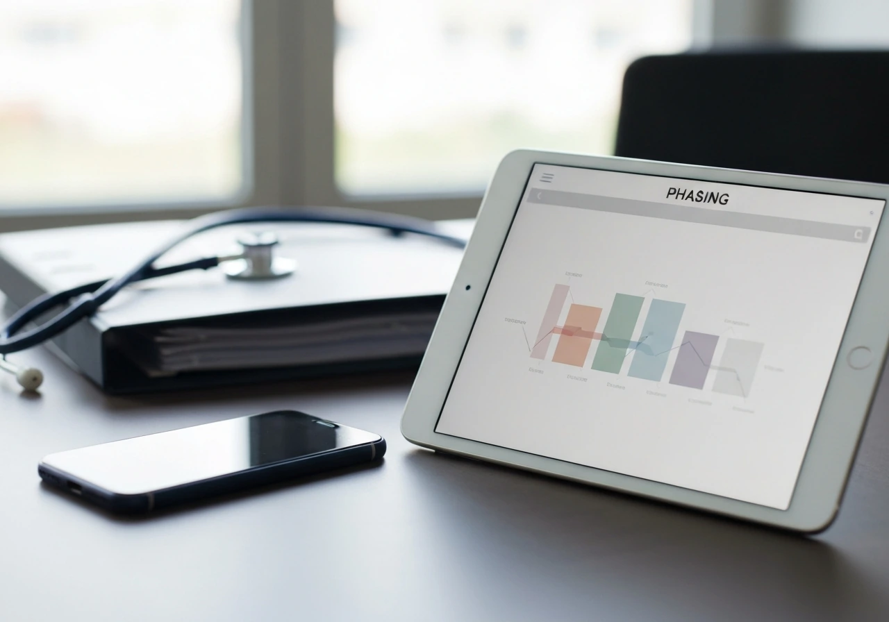 Minimal medical office desk with a phone and tablet showing abstract phase-style blocks.