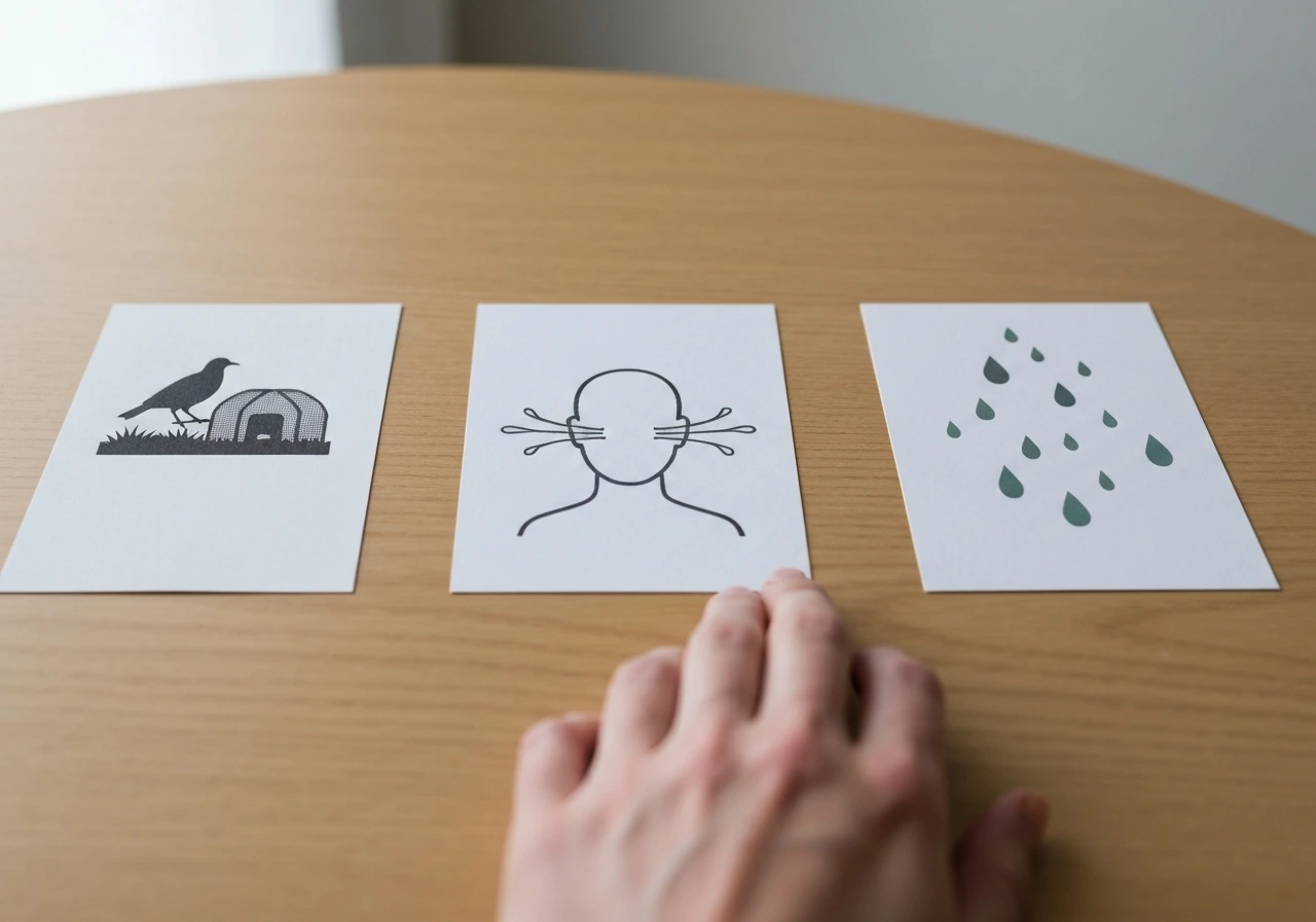 Three unlabeled cards on a wooden table showing bird contact, respiratory exposure, and spread.