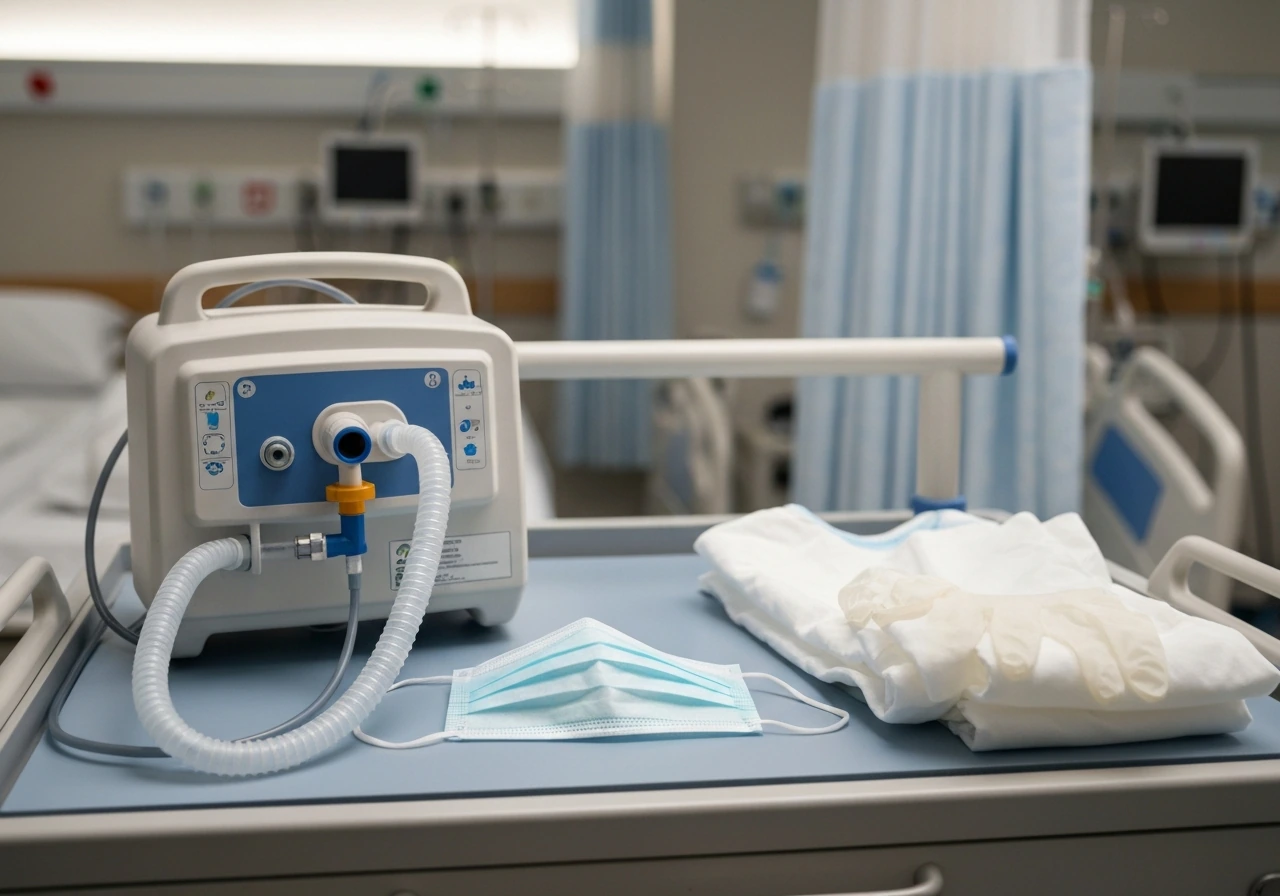 ICU cart with ventilator equipment and PPE laid out, suggesting severe respiratory illness capacity strain.