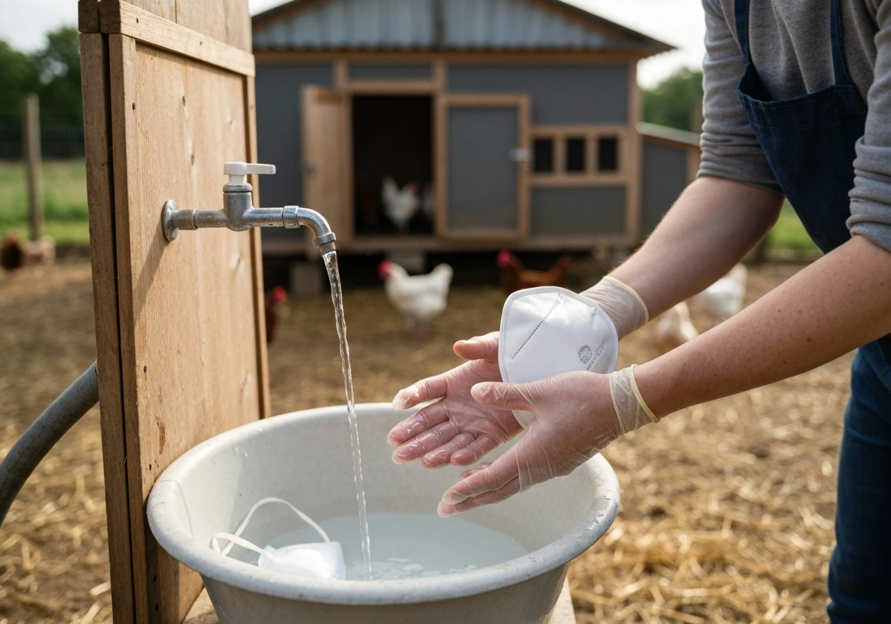 Backyard poultry owner wearing an N95 and gloves, using a simple handwashing station outdoors.