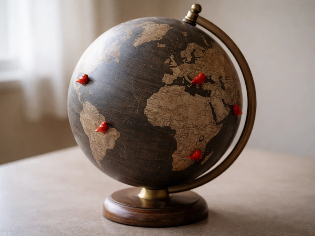 Minimal desk scene with a globe and a few small bird figurines suggesting bird-flu hotspots.