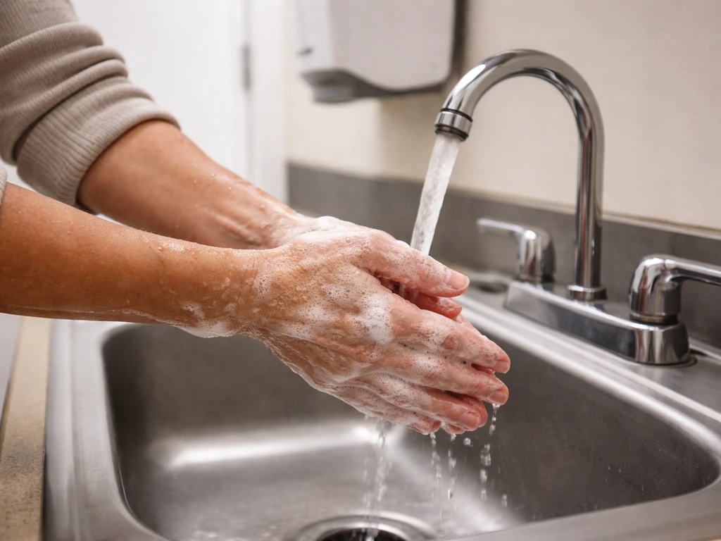 Adult washing hands under running water at a clean sink, symbolizing safe post-exposure hygiene.