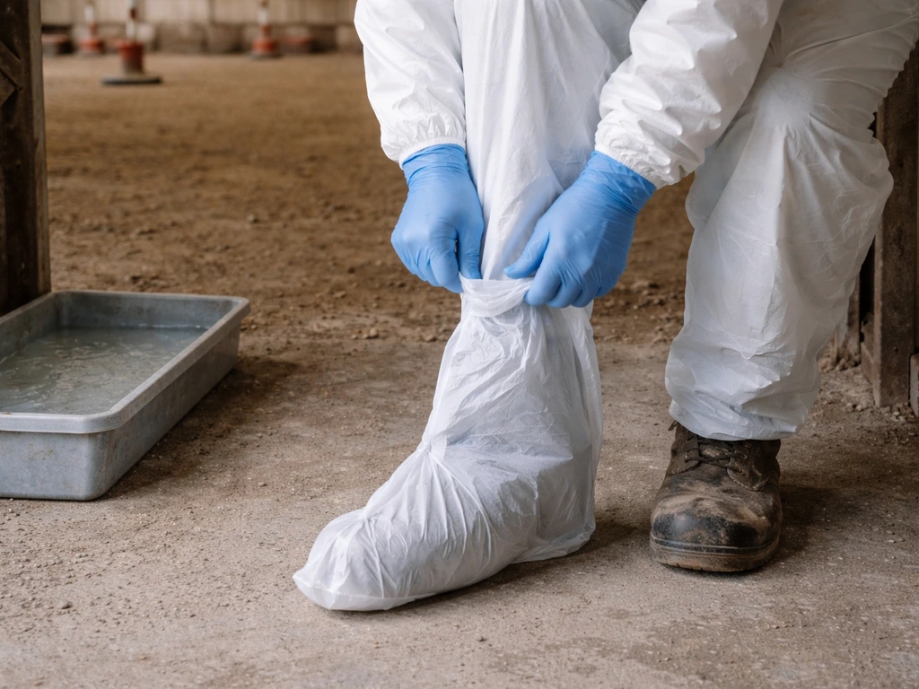 Barn worker in PPE putting on boot covers and gloves before entering a poultry house