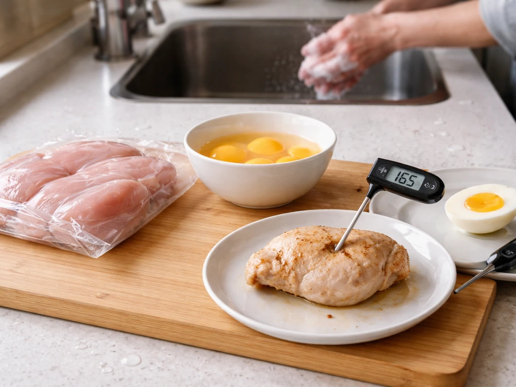 Thermometer in cooked poultry and hand-washing near separate raw poultry and eggs on a clean kitchen counter.