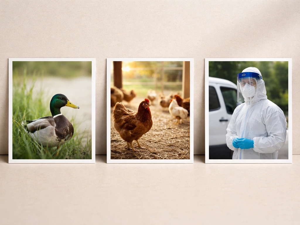 Three small weathered photo panels showing wild birds, farm poultry, and a person in PPE, side by side.