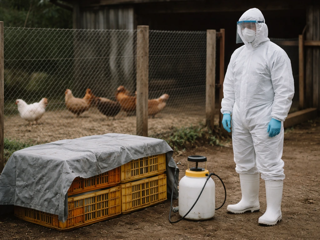Anonymous worker in full protective gear at a fenced coop with covered transport crates and disinfectant sprayer.