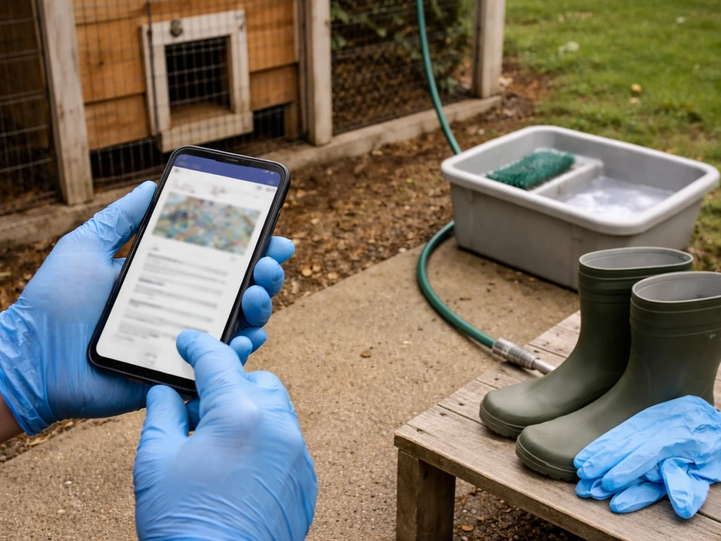 Hands using a smartphone while backyard poultry biosecurity items and a coop are visible in the background.