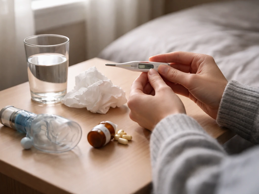 Close-up of hands holding a thermometer beside water, tissue, and an inhaler mask on a bedside table.