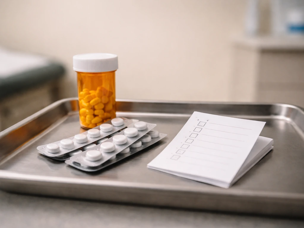 Antiviral medication bottle and blister packs beside a clinical note checklist in a clean exam room