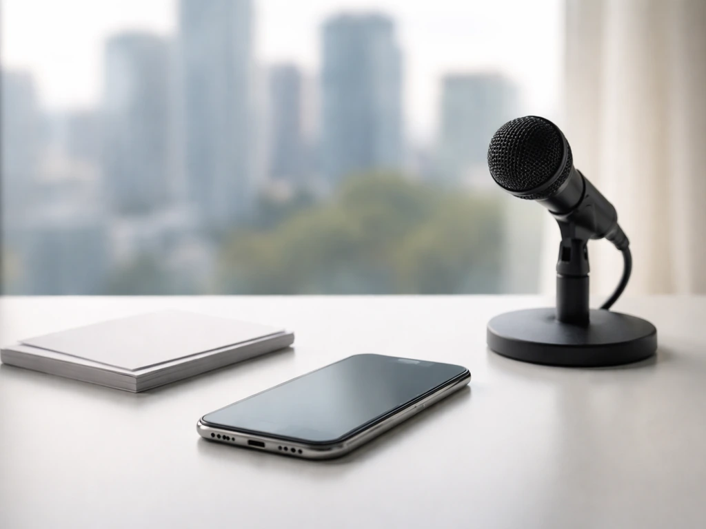 Smartphone and desk microphone on a quiet desk with a blurred city view, symbolizing flu risk comparison.