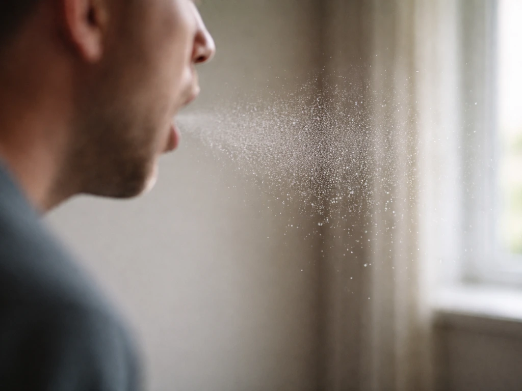 Anonymous person mid-cough with visible respiratory droplets in a quiet indoor room.