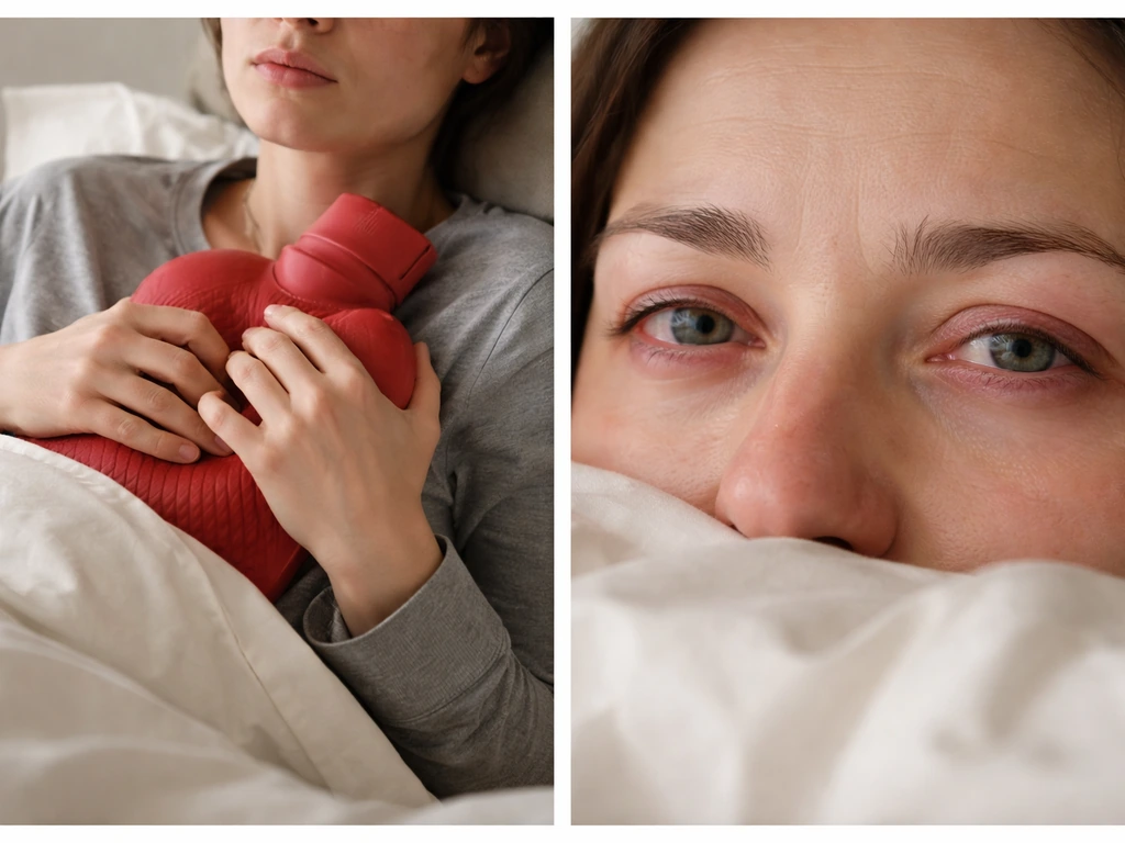 Two-panel photo showing flu-like fever discomfort on one side and irritated watery eyes on the other.