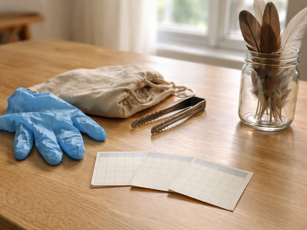 Gloves, tongs, and blank calendar notes on a table, suggesting recent bird/poultry exposure check.