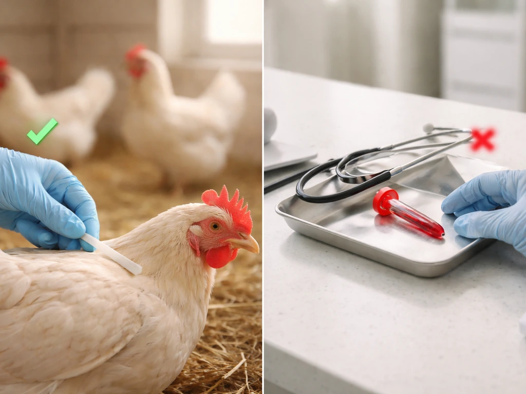 Left: anonymous poultry swab in a simple coop; right: clinician handling a sealed test tube in a clean room.