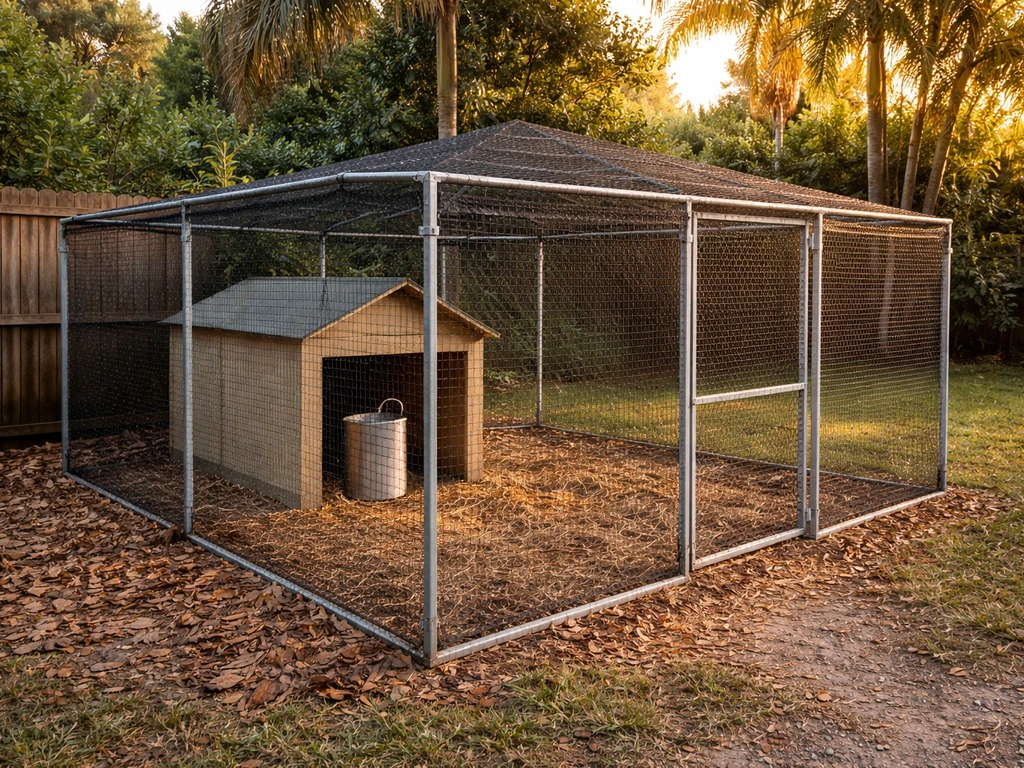 Netted, covered backyard chicken run with enclosed feeding area to keep wild birds away.