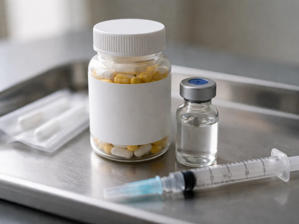 Close-up of generic antiviral bottle and vaccine vial with syringe setup on clean surface
