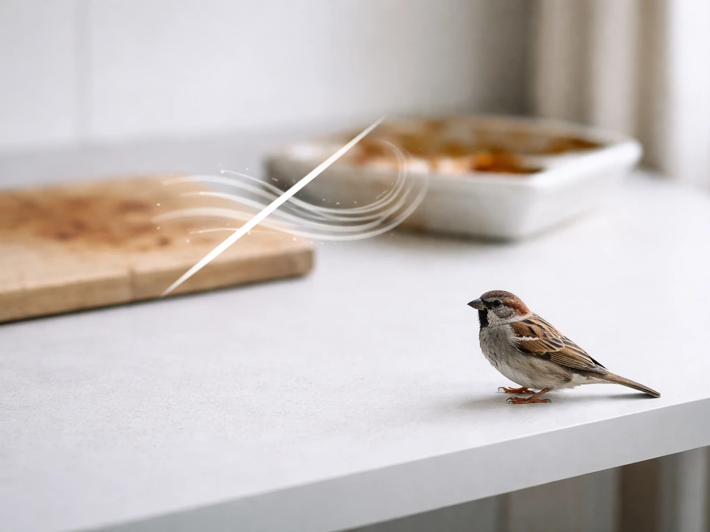 Small bird near contaminated kitchen surfaces with a crossed-out airflow to show airborne spread is unlikely.