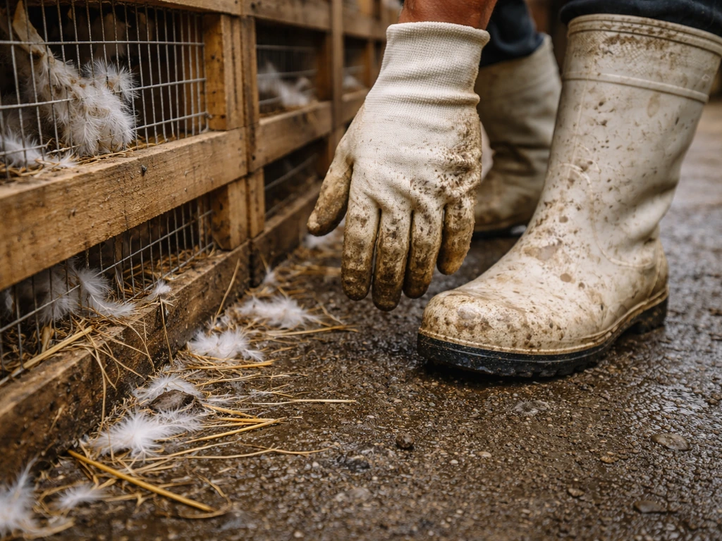 Gloved hands and boot tread near contaminated poultry crates and litter, suggesting contact-based spread.