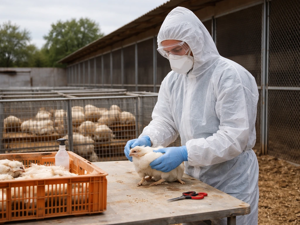 Protective-equipped poultry farm worker handling birds near outdoor pens at a poultry facility.
