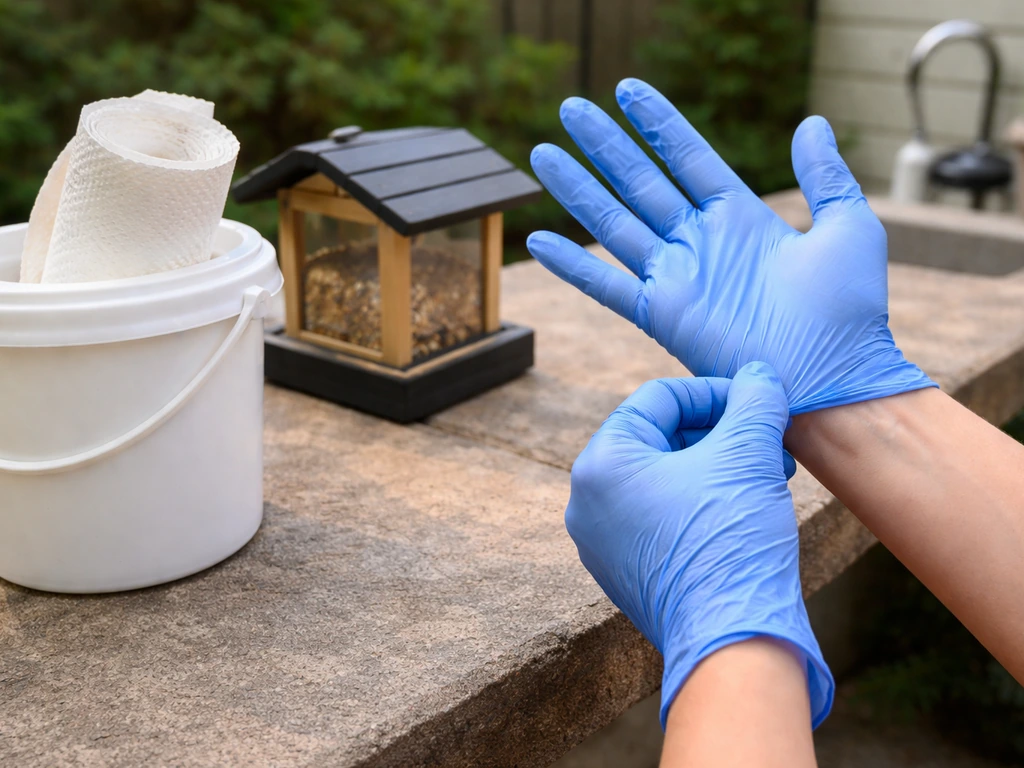 Gloved hands preparing for safe bird cleanup next to a sink area and covered bucket on a quiet patio.