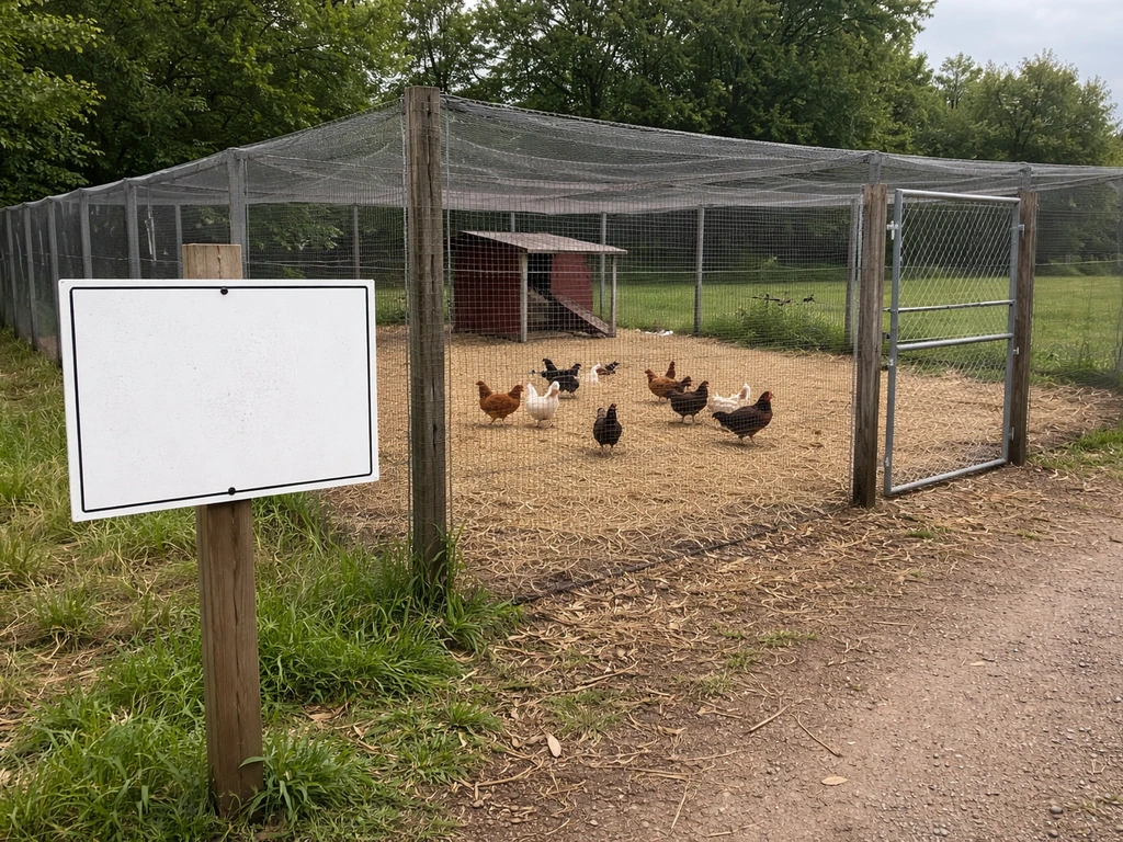 Covered chicken run with netting keeping wild birds out, a calm flock inside, and a blank advisory sign nearby.