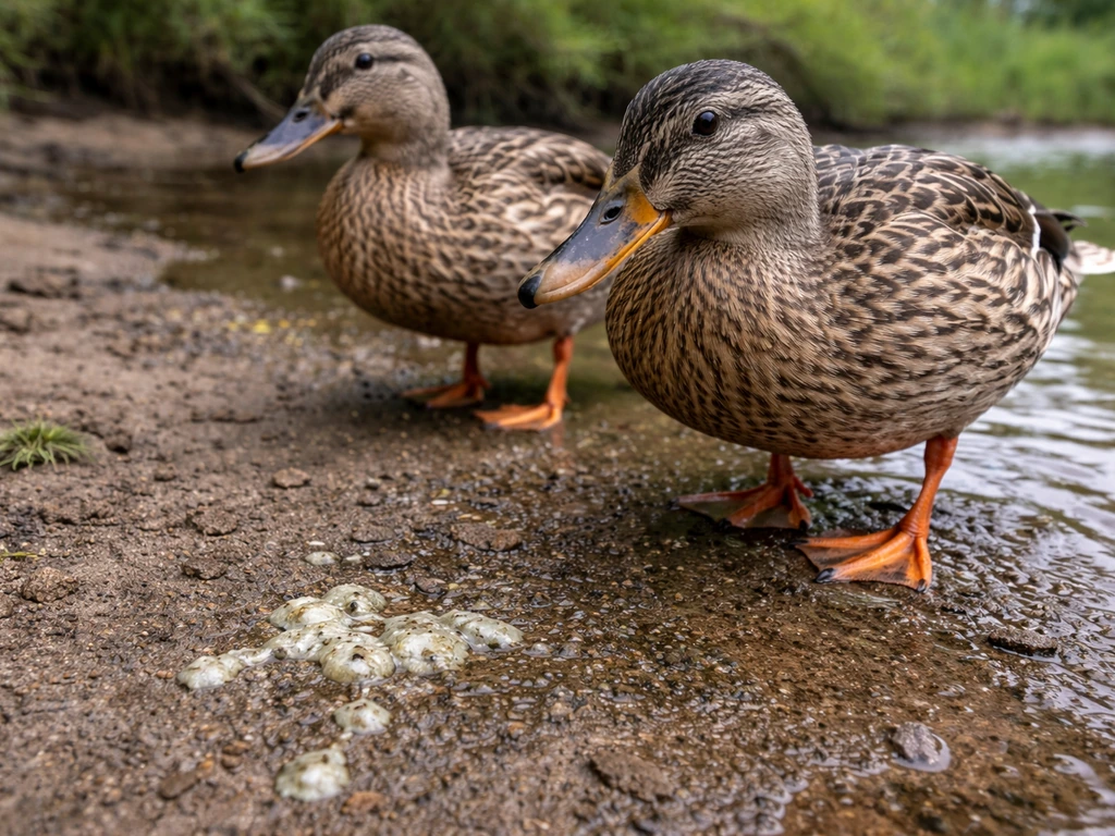 Close-up of ducks near shallow water with visible fecal contamination on wet ground near their feet.